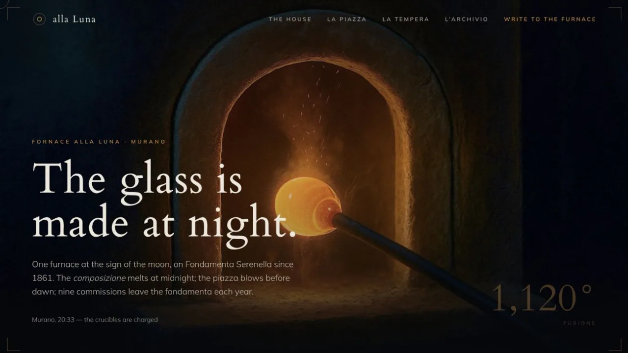 Fornace alla Luna homepage with glowing furnace mouth and restrained nocturnal typography.