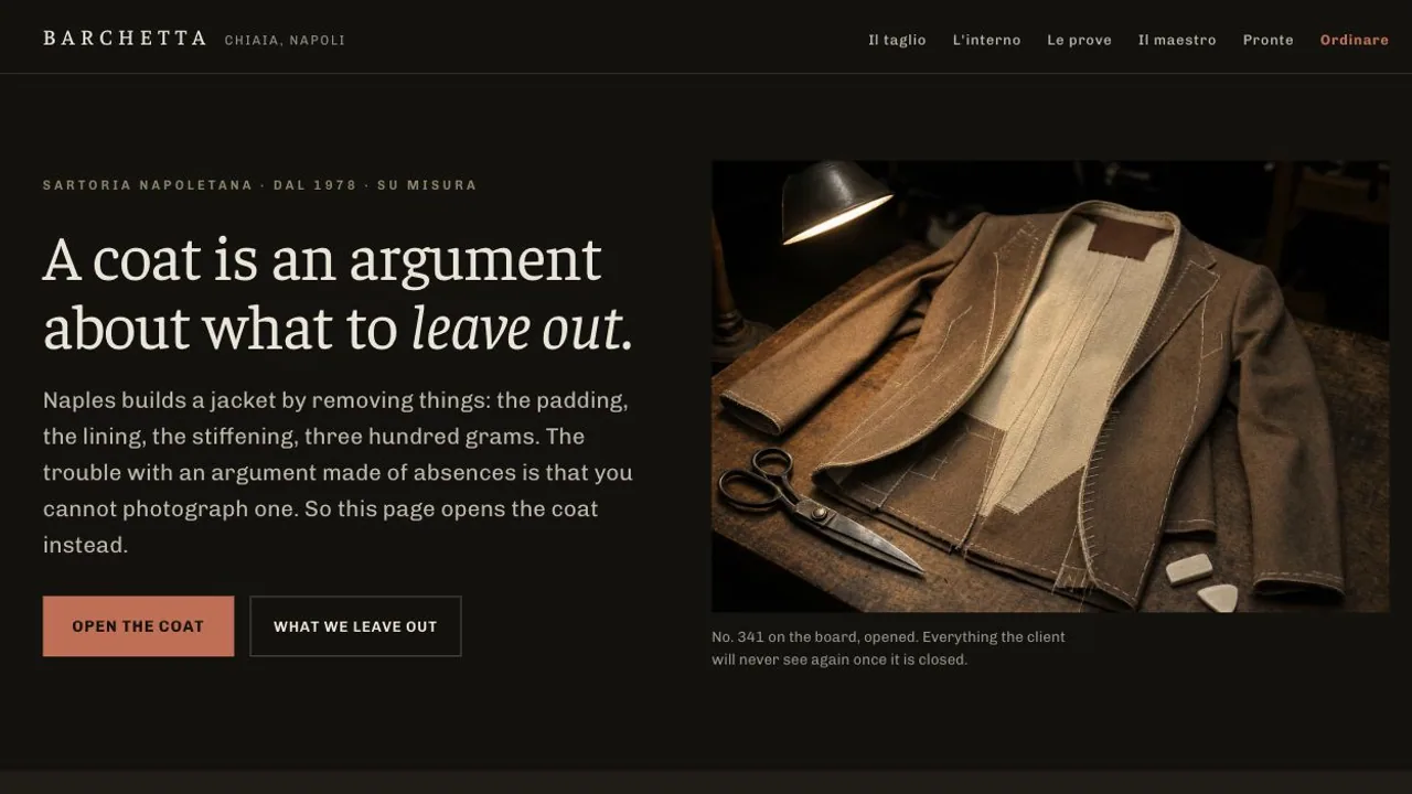 Barchetta homepage introducing a Neapolitan tailoring doctrine.