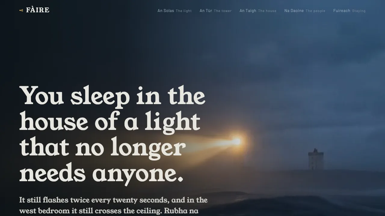 Fàire homepage showing the lighthouse beam crossing sea haar at dusk on a Wester Ross headland.