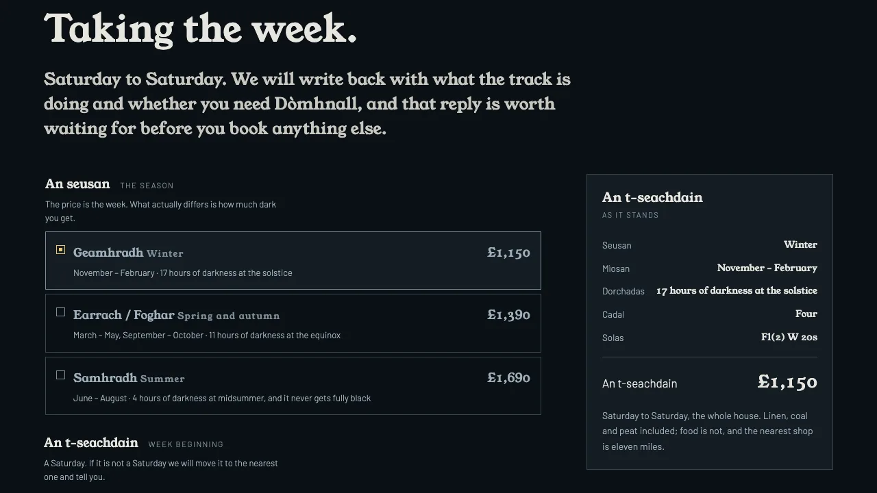Fàire booking panel pricing the week by season, from seventeen hours of solstice darkness to four at midsummer.