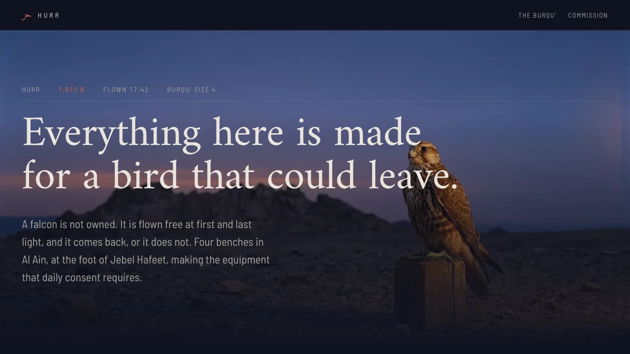 Hurr homepage introducing a Saker falcon house in Al Ain through hood, handling, and keeper practice.