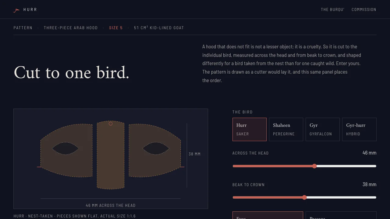 Hurr hood configurator showing fit measurements for crown, eye clearance, beak opening, and leather weight.