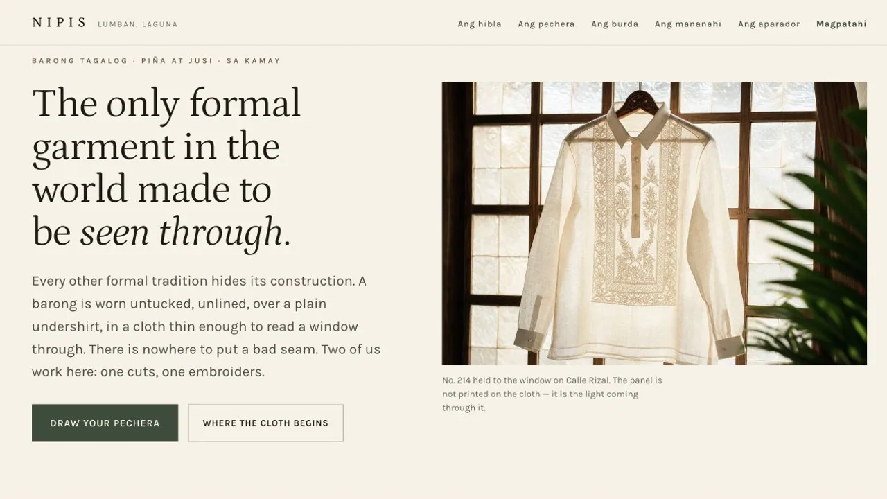 Nipis homepage featuring a translucent embroidered barong Tagalog.