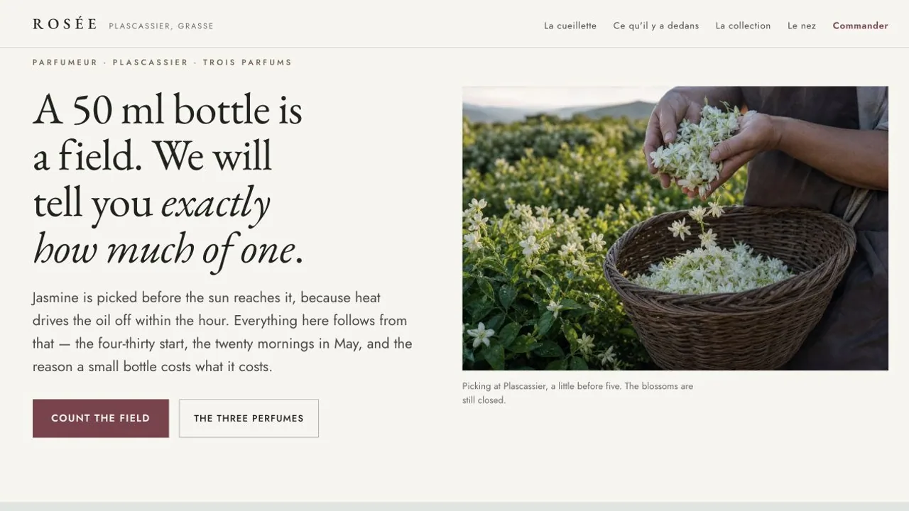 Rosée parfumeur homepage set in the fields of Grasse.