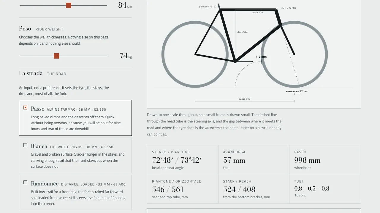 Traccia geometry configurator drawing one frame to scale with head angle, trail, wheelbase and tube set recomputed.